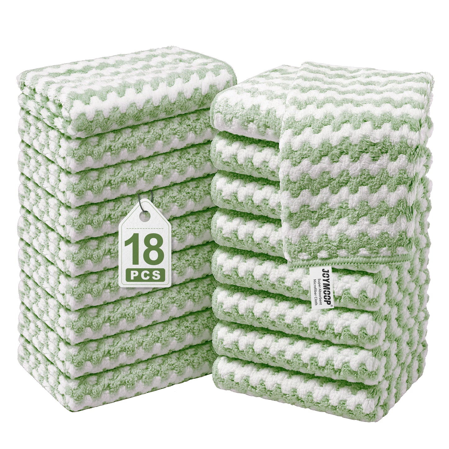 JOYMOOP Microfiber Cleaning Cloth, Pure Green Towels with Edging, Small Size 18 Pack (10" x 10"), Absorbent Streak Free Lint Free Rags for Cleaning, Reusable and Washable Towels