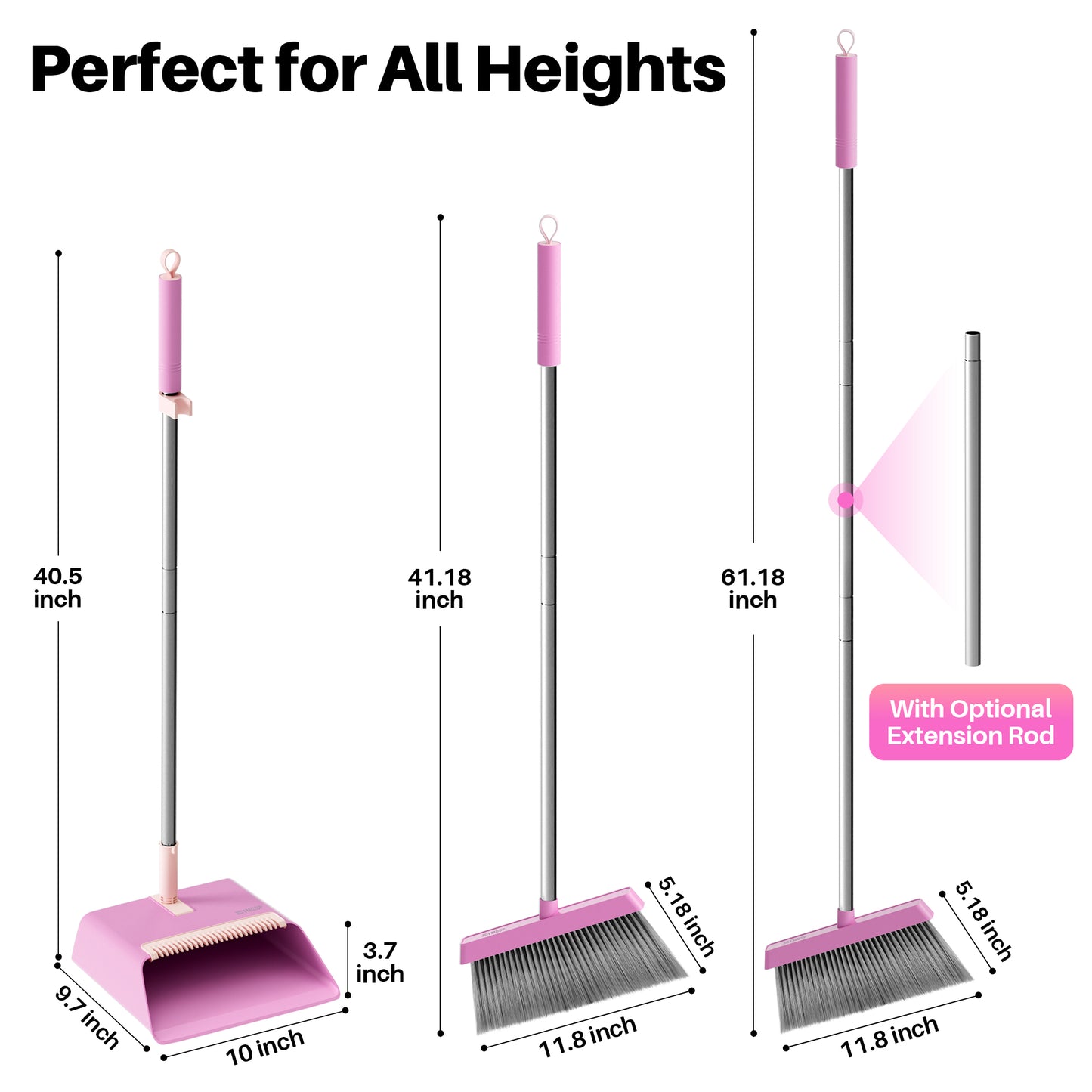 JOYMOOP Pink Broom with Dustpan Combo Set, Upright Stand Up Broom with Built-in Comb Teeth, Angle Broom for Home Kitchen Office Lobby, Pet Hair and Hardwood Floor Sweeping