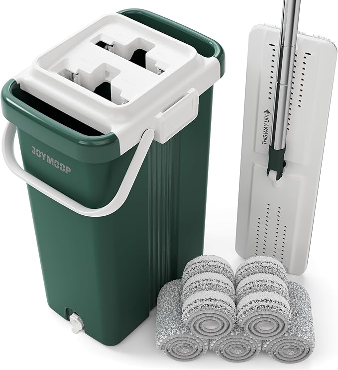 JOYMOOP Heavy Duty Commercial Mops for Floor Cleaning, Wet Dry Mop and Bucket Set with Large Capacity Forest Green Mop Bucket, Includes 5 Reusable 17-Inch Microfiber Mop Pads