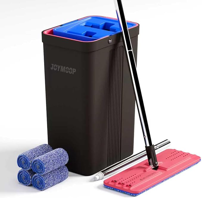 JOYMOOP Mop and Bucket with Wringer Set, Hands Free Flat Floor Mop and Bucket, with 4 Washable Microfiber Pads, Wet and Dry Use, Floor Cleaning System - Black+Red+Slate Blue