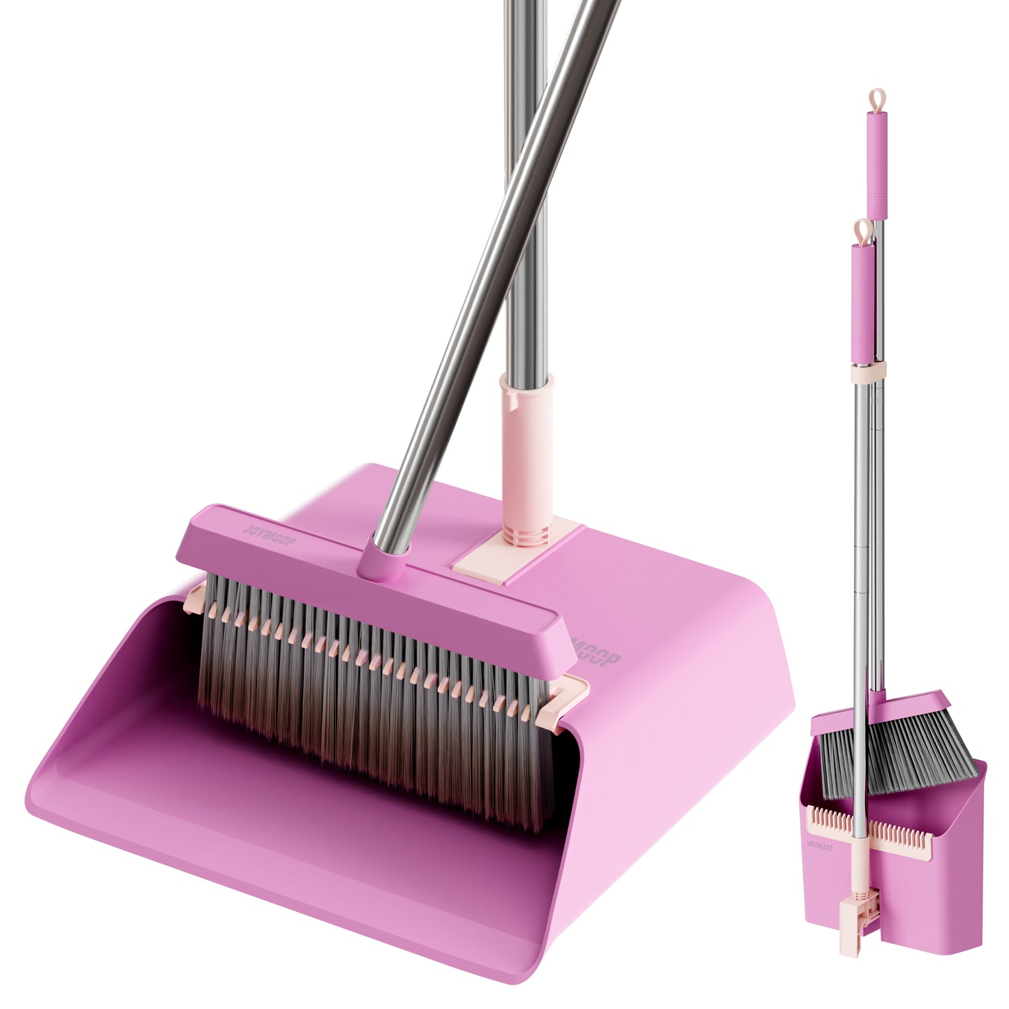 JOYMOOP Pink Broom with Dustpan Combo Set, Upright Stand Up Broom with Built-in Comb Teeth, Angle Broom for Home Kitchen Office Lobby, Pet Hair and Hardwood Floor Sweeping