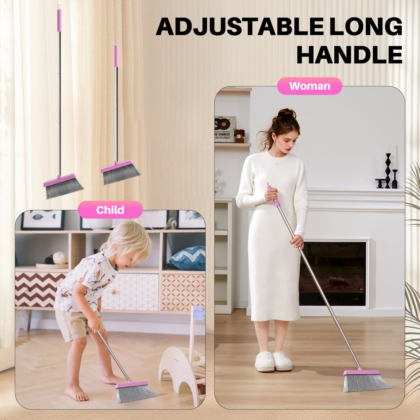 JOYMOOP Pink Broom with Dustpan Combo Set, Upright Stand Up Broom with Built-in Comb Teeth, Angle Broom for Home Kitchen Office Lobby, Pet Hair and Hardwood Floor Sweeping