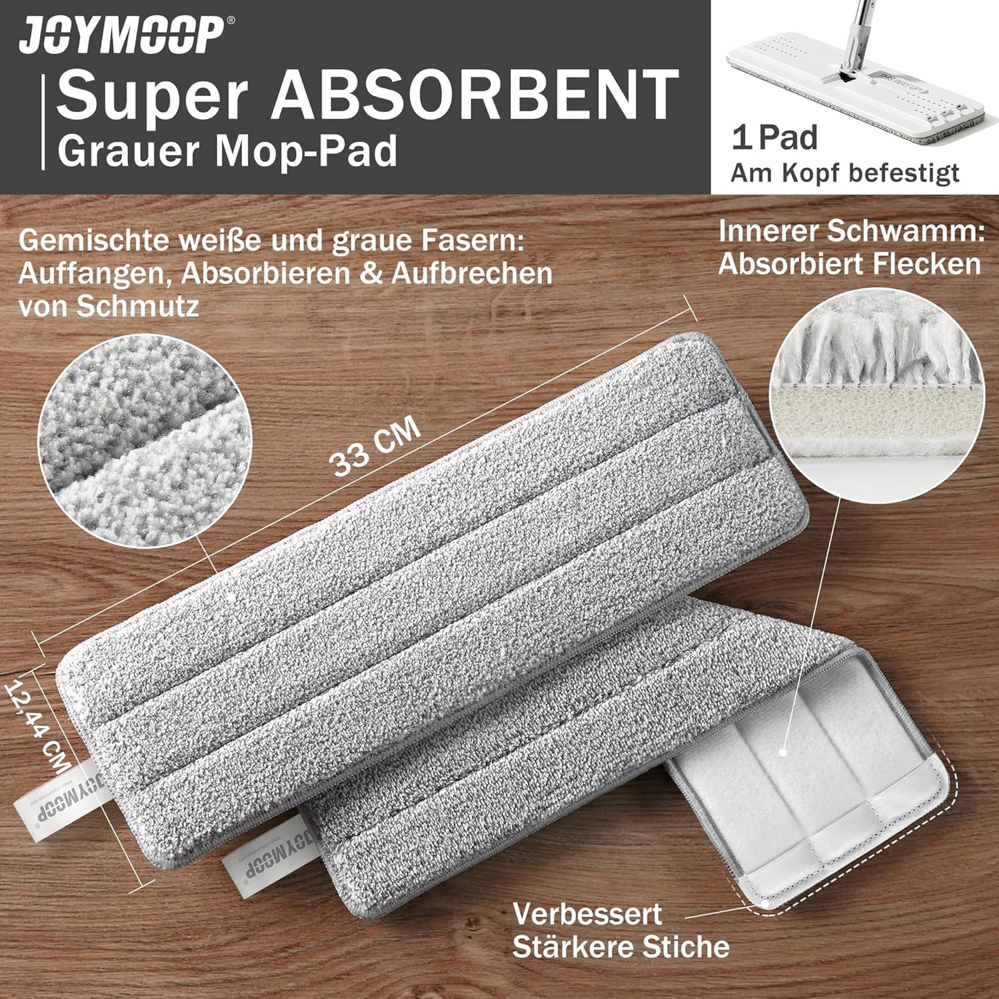 JOYMOOP Flat Mops, Microfiber Mop for Floor Cleaning and Wall Cleaner, 50" Mop Handle with Flexible 13" Flat Head with a Microfiber Mop Pad - White