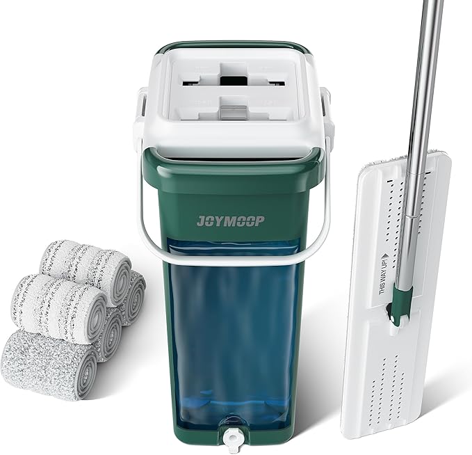JOYMOOP Heavy Duty Commercial Mops for Floor Cleaning, Wet Dry Mop and Bucket Set with Large Capacity Forest Green Mop Bucket, Includes 5 Reusable 17-Inch Microfiber Mop Pads