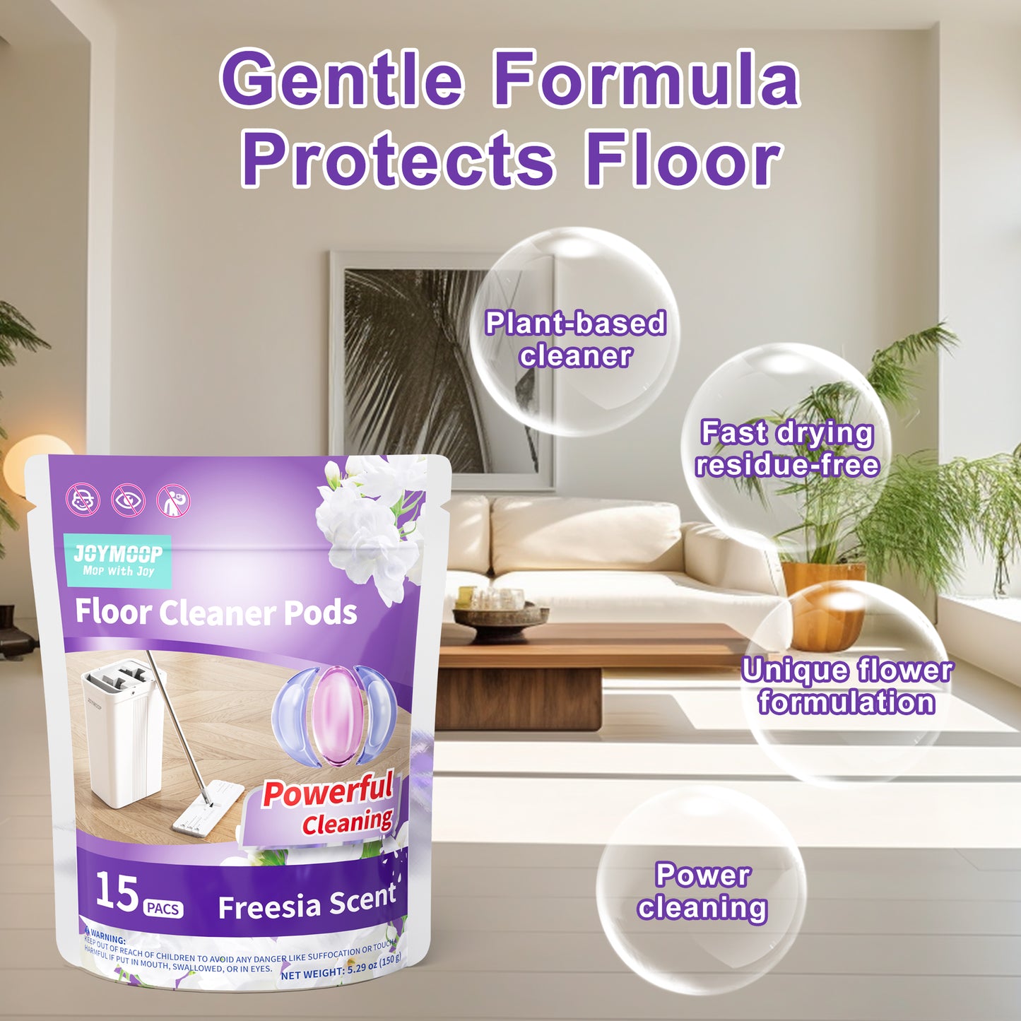 JOYMOOP Floor Cleaner Pods, Floor Cleaning Solution with Mop Bucket, Freesia Scent Pack of 15 Pcs