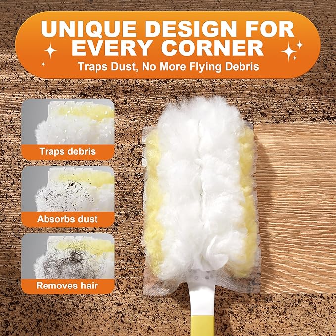 JOYMOOP Disposable Dusters for Cleaning, 1 Yellow White Handle with 48 Ct Yellow Heavy Duty Refills, Static Cling Dusting Tool for Multi-Surface and Home Cleaning
