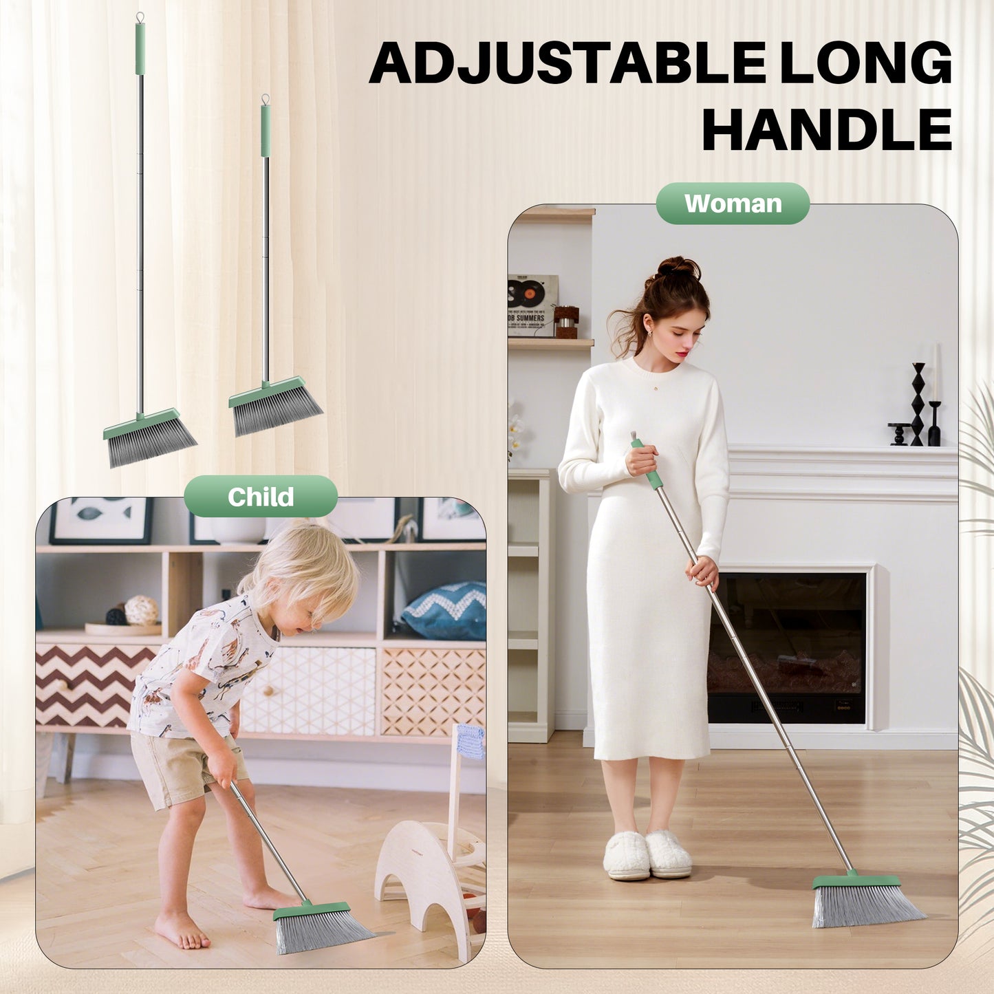 JOYMOOP Dark Teal Green Broom and Dustpan Set, Upright Stand Up Broom with Built-in Comb Teeth, Angle Broom for Home Kitchen Office Lobby, Pet Hair and Hardwood Floor Sweeping
