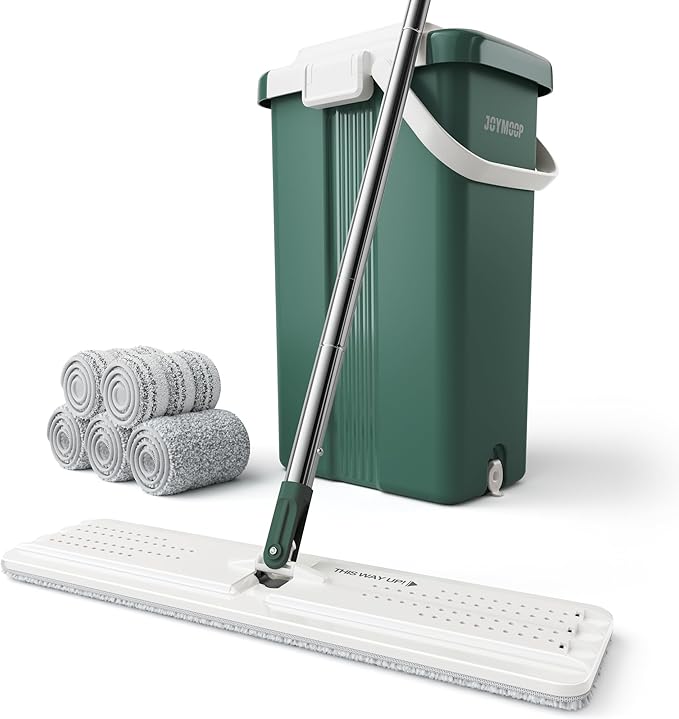 JOYMOOP Heavy Duty Commercial Mops for Floor Cleaning, Wet Dry Mop and Bucket Set with Large Capacity Forest Green Mop Bucket, Includes 5 Reusable 17-Inch Microfiber Mop Pads