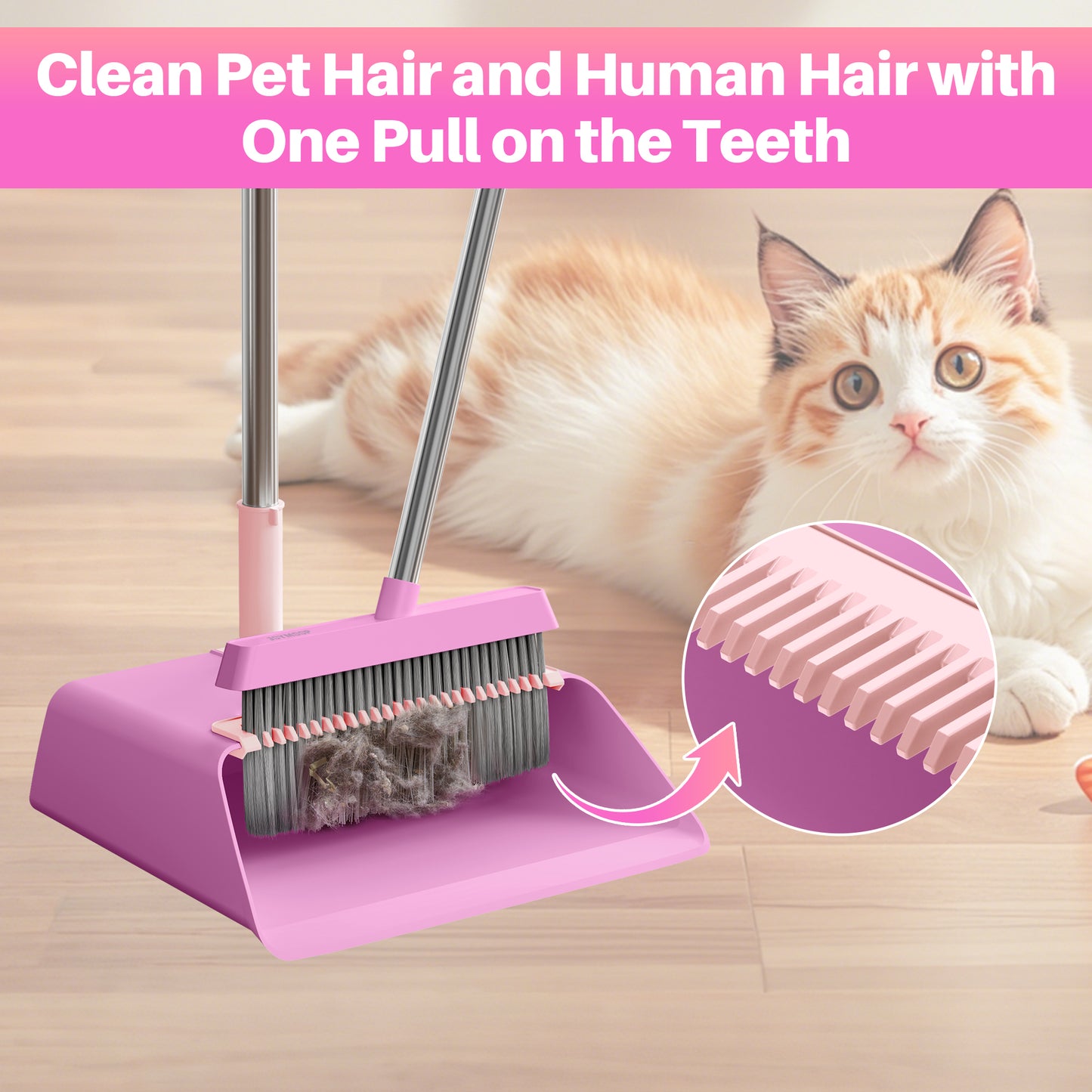JOYMOOP Pink Broom with Dustpan Combo Set, Upright Stand Up Broom with Built-in Comb Teeth, Angle Broom for Home Kitchen Office Lobby, Pet Hair and Hardwood Floor Sweeping