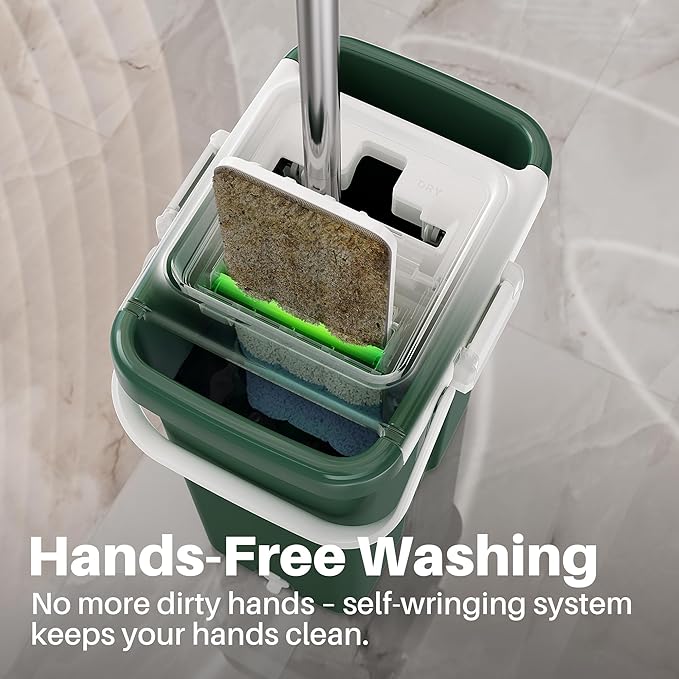 JOYMOOP Heavy Duty Commercial Mops for Floor Cleaning, Wet Dry Mop and Bucket Set with Large Capacity Forest Green Mop Bucket, Includes 5 Reusable 17-Inch Microfiber Mop Pads