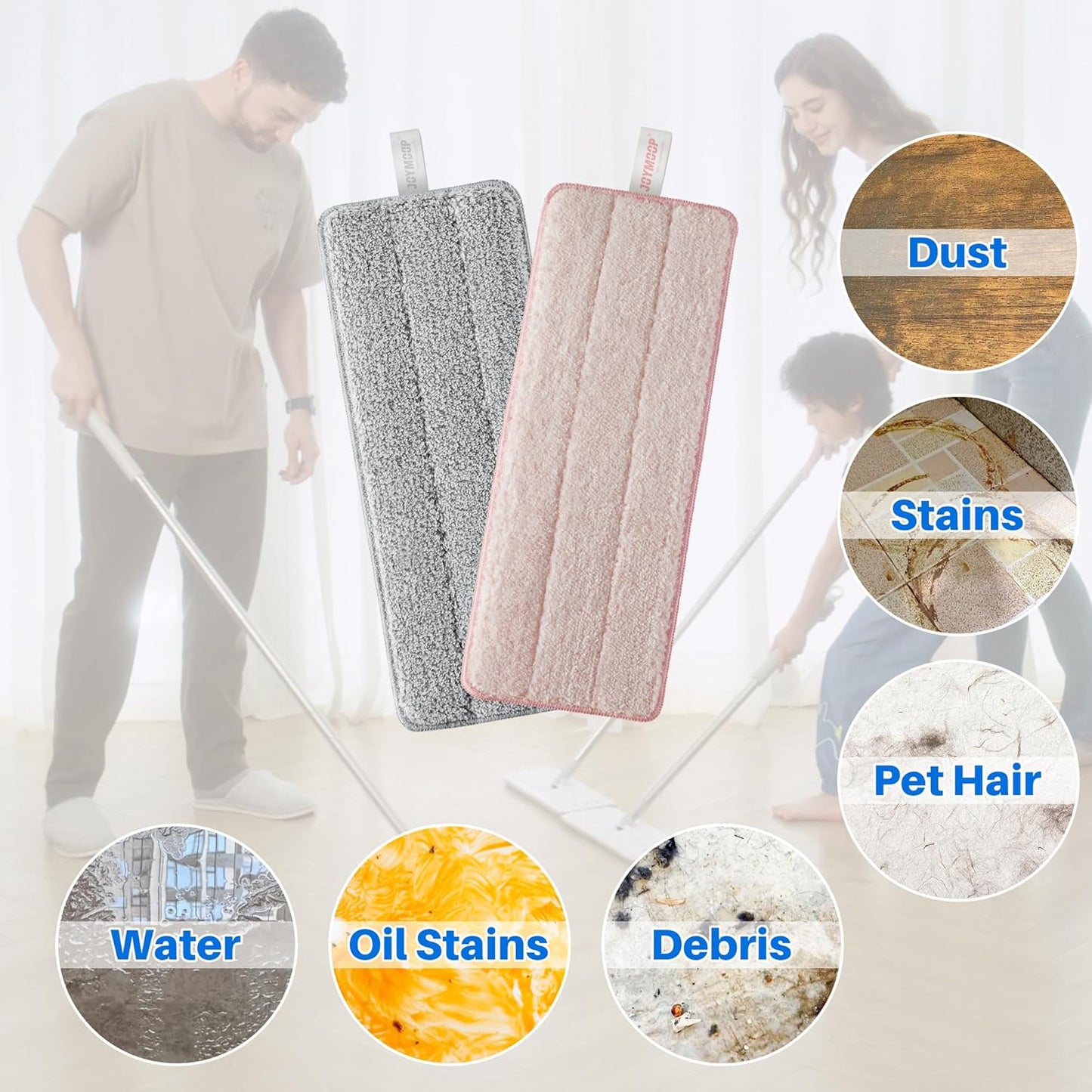 JOYMOOP Microfiber Mop Pads, Mop Head Replacement for JOYMOOP 13-inch Flat Mop and Mop Bucket Set, Pack of 2 Refills - Stripe and Pink