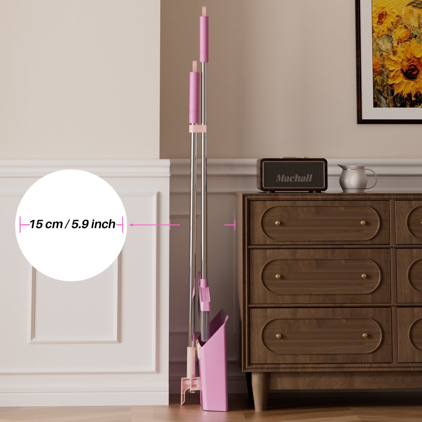 JOYMOOP Pink Broom with Dustpan Combo Set, Upright Stand Up Broom with Built-in Comb Teeth, Angle Broom for Home Kitchen Office Lobby, Pet Hair and Hardwood Floor Sweeping