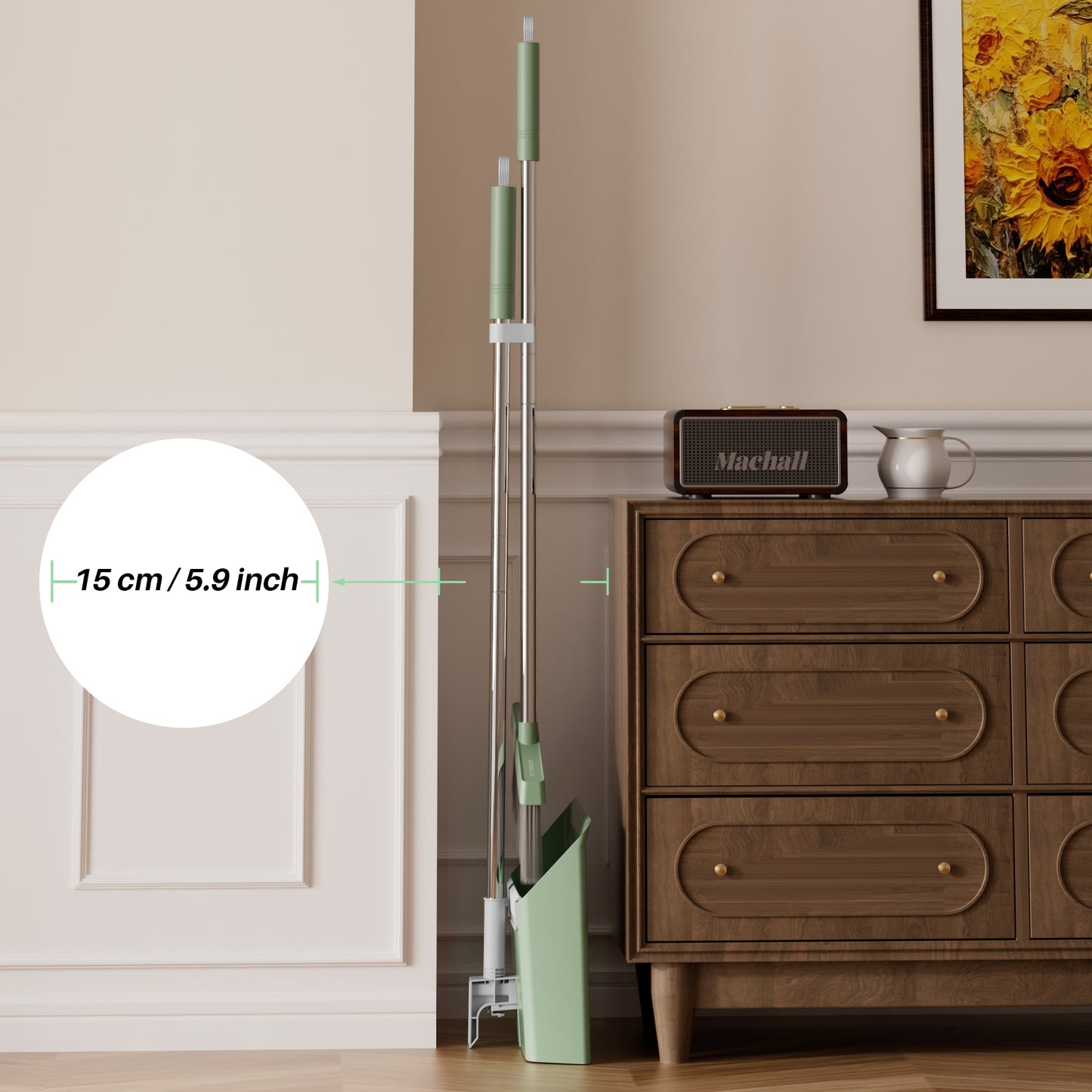 JOYMOOP Dark Teal Green Broom and Dustpan Set, Upright Stand Up Broom with Built-in Comb Teeth, Angle Broom for Home Kitchen Office Lobby, Pet Hair and Hardwood Floor Sweeping