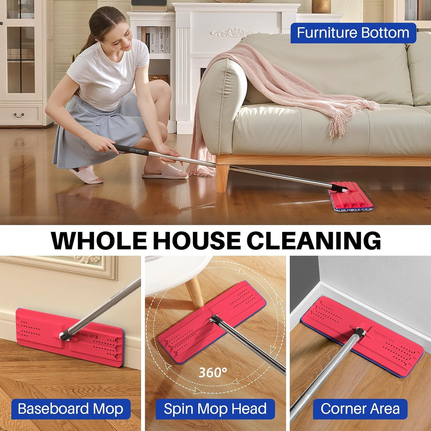 JOYMOOP Mop and Bucket with Wringer Set, Hands Free Flat Floor Mop and Bucket, with 6 Washable Microfiber Pads, Wet and Dry Use, Floor Cleaning System - Black+Red+Slate Blue