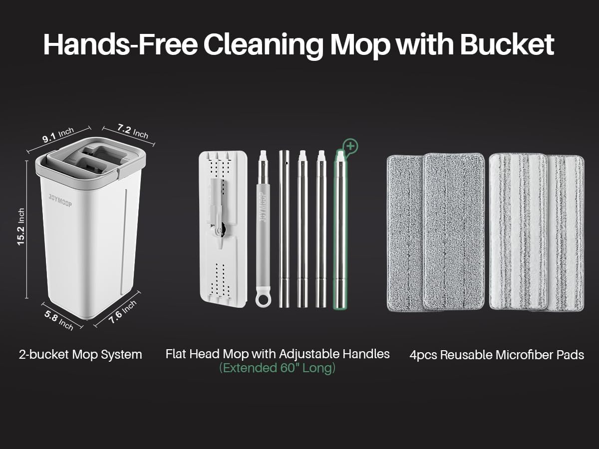 JOYMOOP Mop and Bucket with Wringer Set, Hands Free Flat Floor Mop and Bucket, 60" Mop with 4 Reusable Microfiber Pads, Wet and Dry Use, Floor Cleaning System