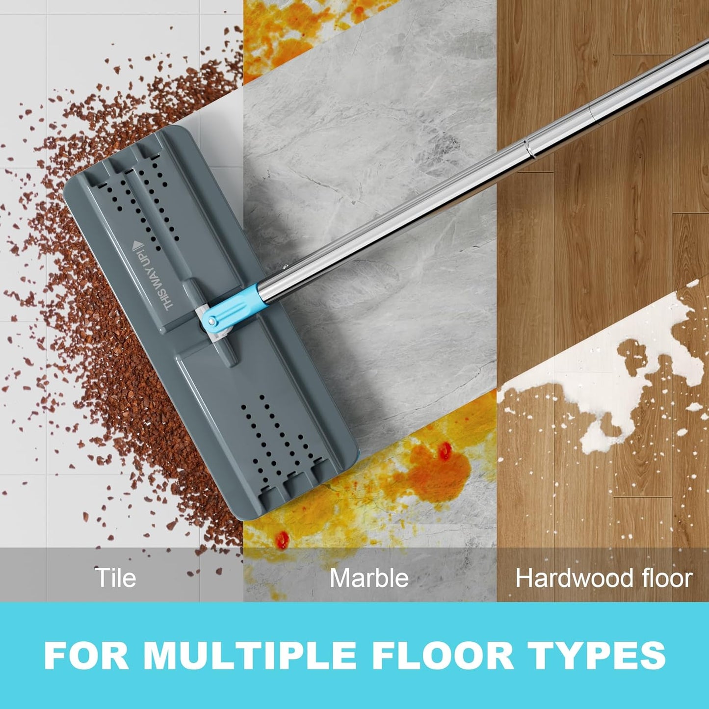 JOYMOOP Mop and Bucket Set with Wringer, with 5 Reusable Microfiber Mop Pads, Mops for Floor Cleaning and Wall Cleaning, Hands-Free Flat Mop for Home Use - Grey+Cyan Blue