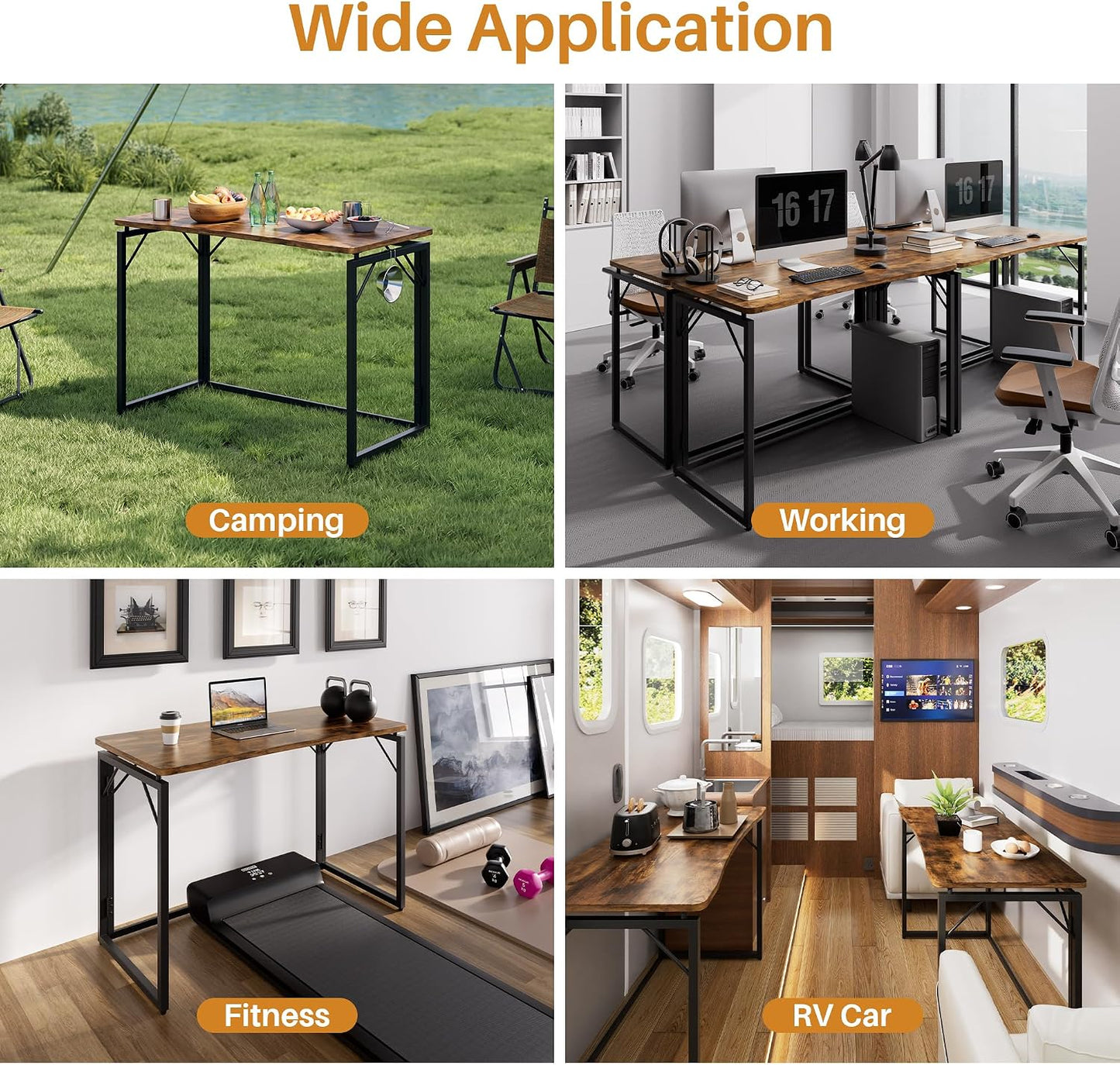 JOYMOOP Folding Desk Rustic Brown - 40", No Assembly Foldable Desk for Home, Office - Middle Size, Wooden Top Folding Computer Desk for Working, Writing, Studying