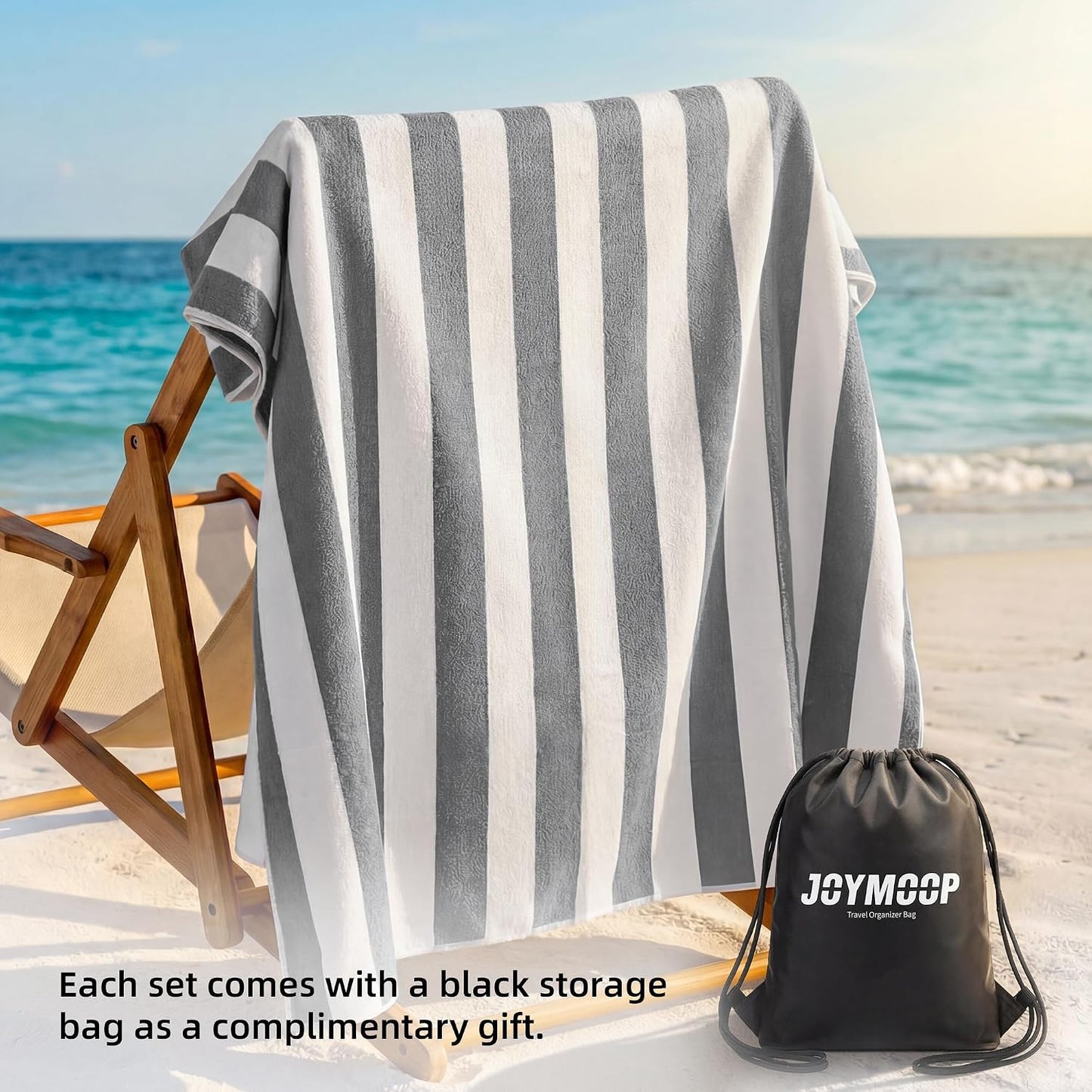 JOYMOOP 3-Pack Microfiber Beach Towel Set – 70" x 35.4" Ultra-Absorbent Beach Towels Oversized, Sand-Free & Portable, Quick-Dry Cabana Stripe Towels with Travel Storage Bags (Grey & White)
