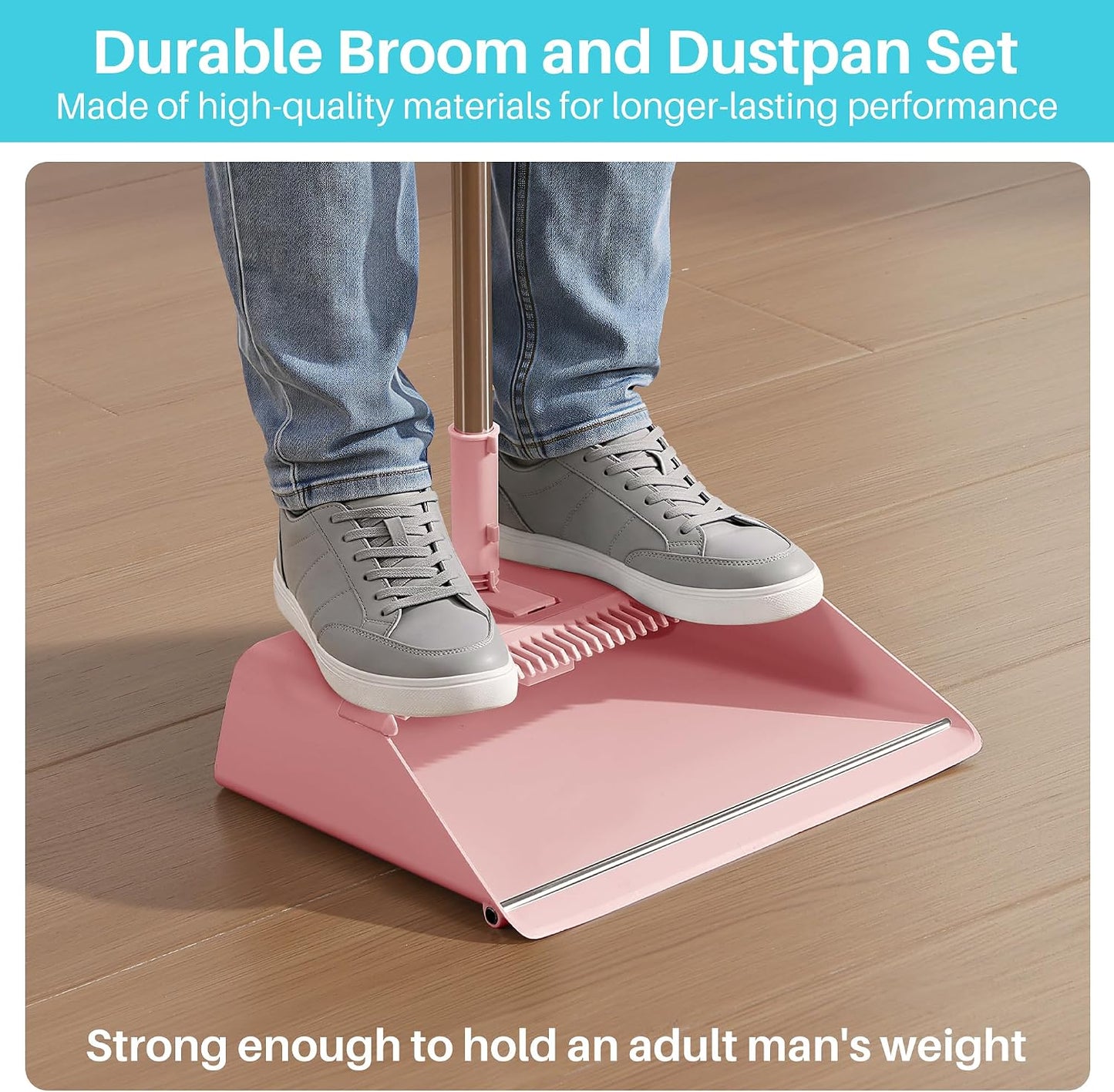 JOYMOOP Pink Broom and Dustpan Set with Built-in Comb Tooth, Upright Stand Up Design, Foldable Collapsible Dustpan with Angled Broom, Space Saving Cleaning Supplies for Home Kitchen Hardwood Floor