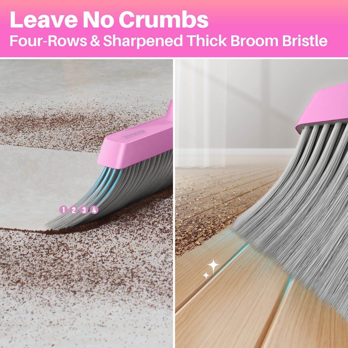 JOYMOOP Pink Broom with Dustpan Combo Set, Upright Stand Up Broom with Built-in Comb Teeth, Angle Broom for Home Kitchen Office Lobby, Pet Hair and Hardwood Floor Sweeping