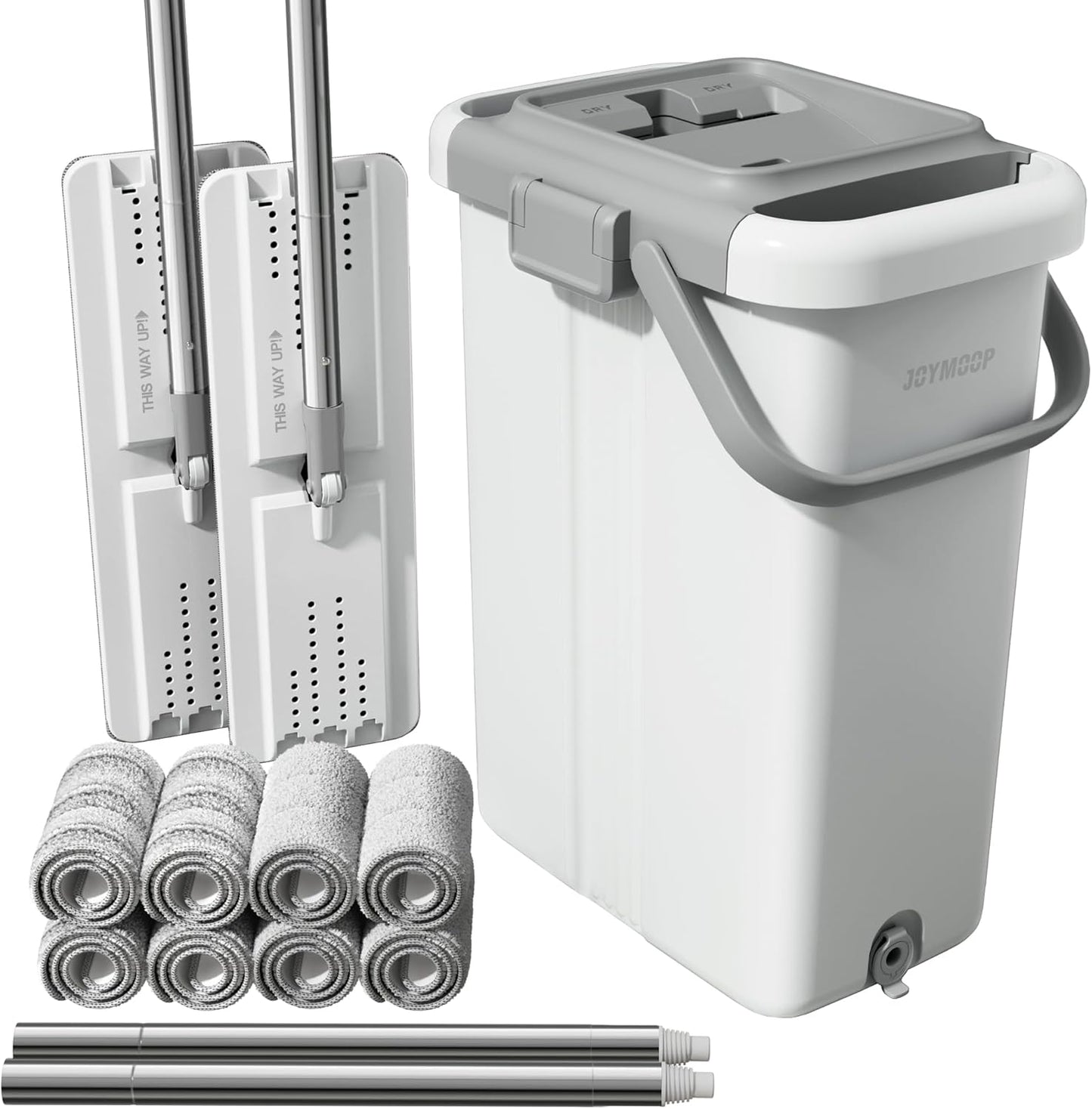 JOYMOOP Mop and Bucket Set for Floor and Wall Cleaning, Commercial and Household Use, Flat Mop System with 60" Dual Mops + 8 Pads
