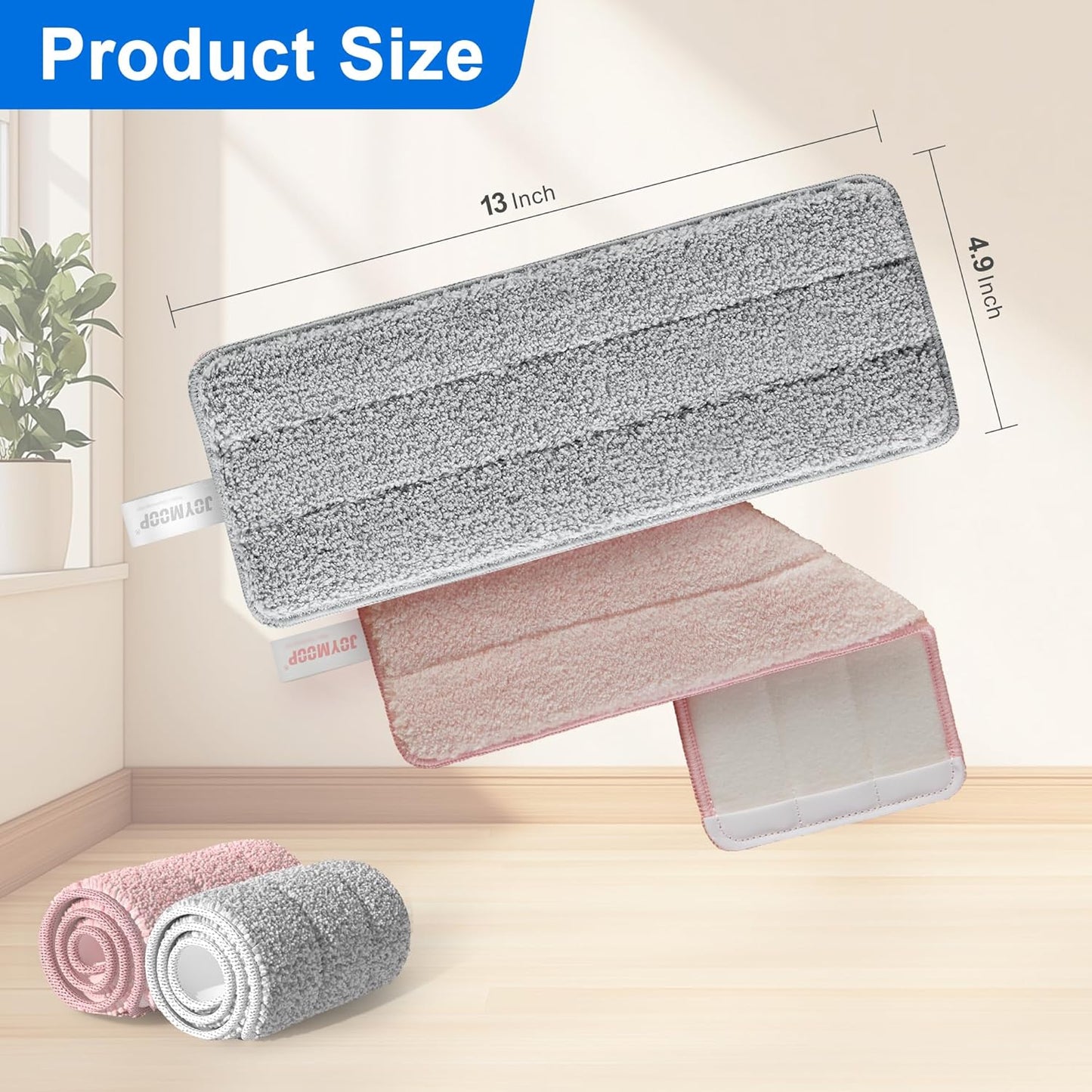 JOYMOOP Microfiber Mop Pads, Mop Head Replacement for JOYMOOP 13-inch Flat Mop and Mop Bucket Set, Pack of 2 Refills - Stripe and Pink