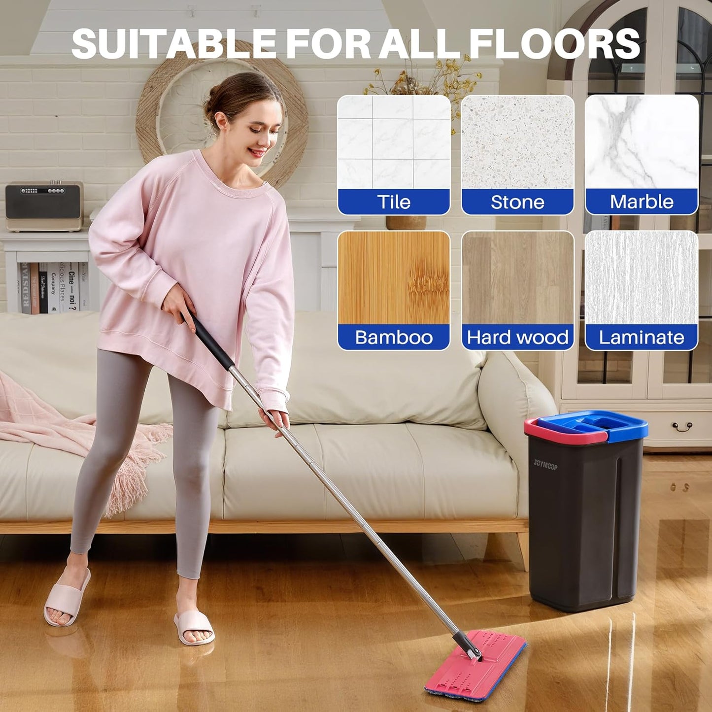 JOYMOOP Mop and Bucket Set for Home, Hands-Free Self-Cleaning System, with 3 Reusable Microfiber Mop Pads, Suitable for Floor Cleaning and Wall Cleaner - Black+Red+Slate Blue