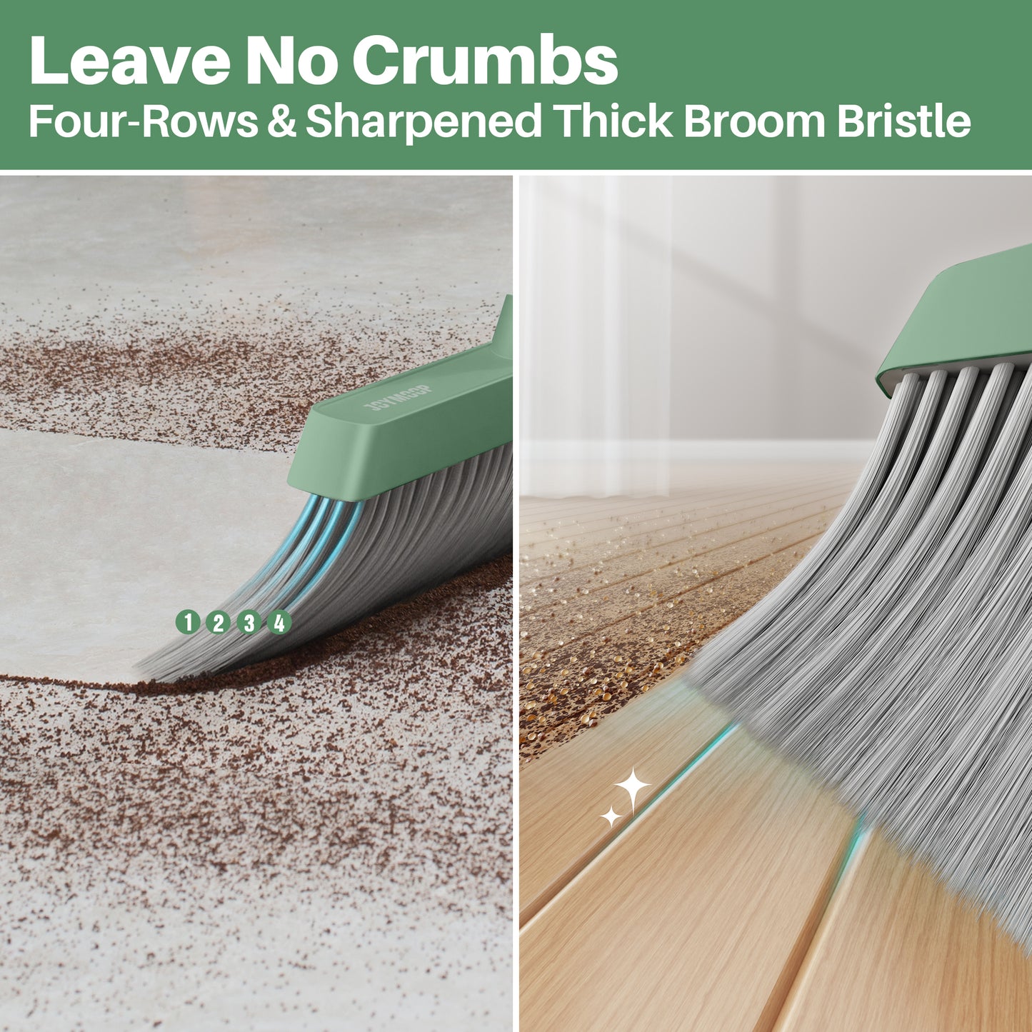 JOYMOOP Dark Teal Green Broom and Dustpan Set, Upright Stand Up Broom with Built-in Comb Teeth, Angle Broom for Home Kitchen Office Lobby, Pet Hair and Hardwood Floor Sweeping