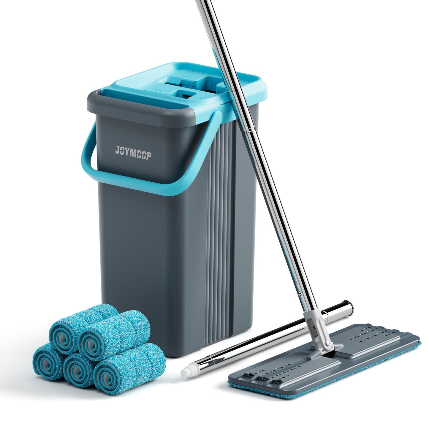 JOYMOOP Mop and Bucket with Wringer Set, Flat Squeeze Mop Bucket Set for Floor Cleaning, Wet Dry Mops for Walls, Wall Cleaner with Long Handle, Hardwood Floor Mop-5 Microfiber Cloths - Grey+Cyan Blue