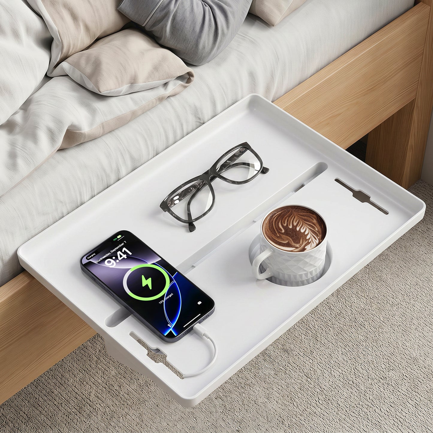 JOYMOOP Clip-On Bedside Shelf for Bunk Beds, Dorm Room Essentials, Bedside Caddy, No-Tool Install Bed Side Table Storage for Loft, Platform Beds, Nightstand Caddy for Phone, Glasses, Book, White