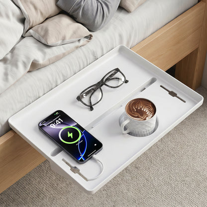 JOYMOOP Clip-On Bedside Shelf for Bunk Beds, Dorm Room Essentials, Bedside Caddy, No-Tool Install Bed Side Table Storage for Loft, Platform Beds, Nightstand Caddy for Phone, Glasses, Book, White