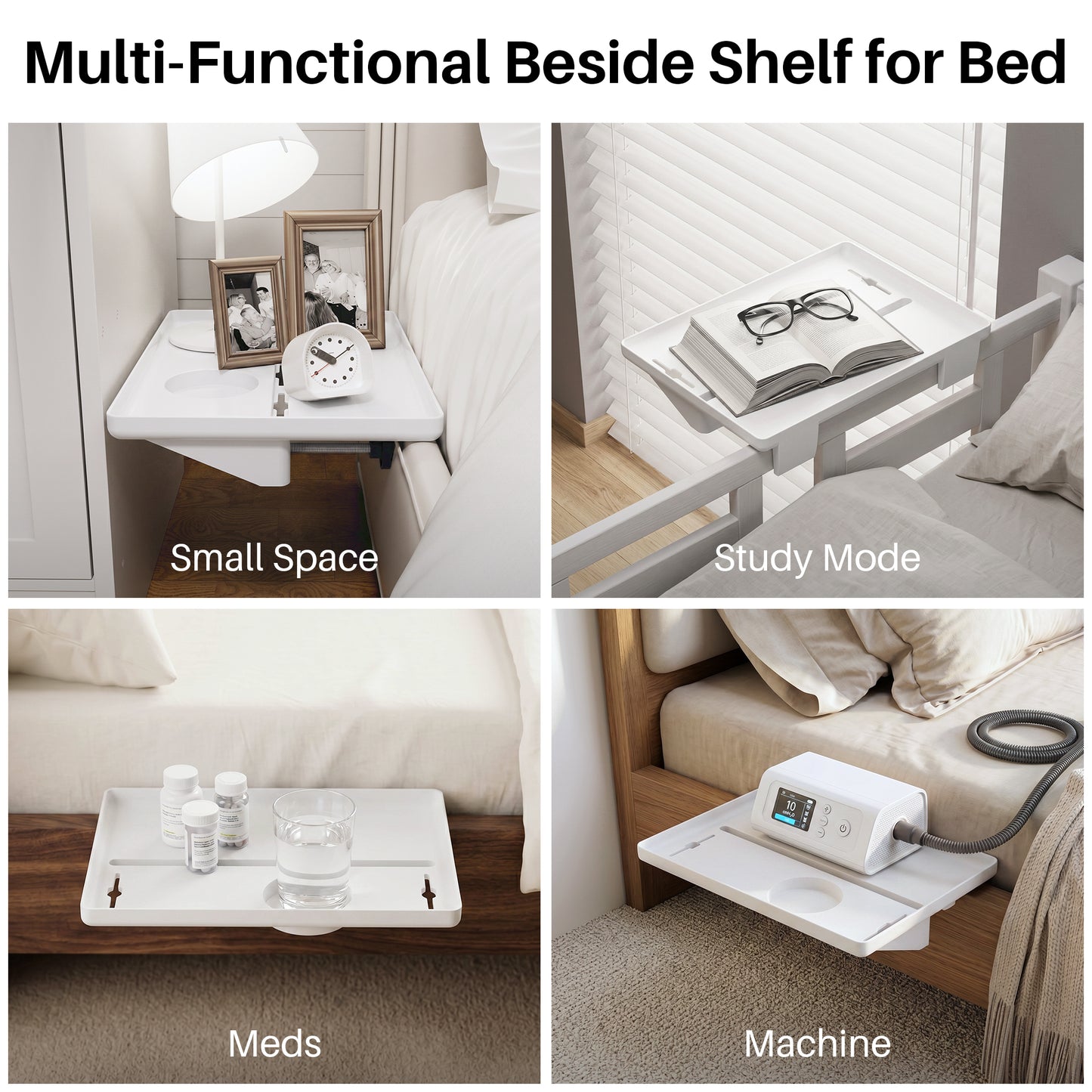 JOYMOOP Clip-On Bedside Shelf for Bunk Beds, Dorm Room Essentials, Bedside Caddy, No-Tool Install Bed Side Table Storage for Loft, Platform Beds, Nightstand Caddy for Phone, Glasses, Book, White