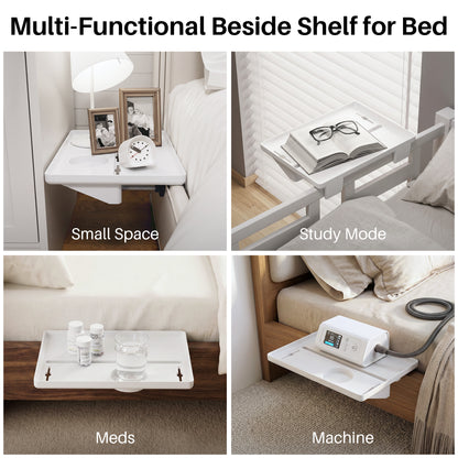 JOYMOOP Clip-On Bedside Shelf for Bunk Beds, Dorm Room Essentials, Bedside Caddy, No-Tool Install Bed Side Table Storage for Loft, Platform Beds, Nightstand Caddy for Phone, Glasses, Book, White
