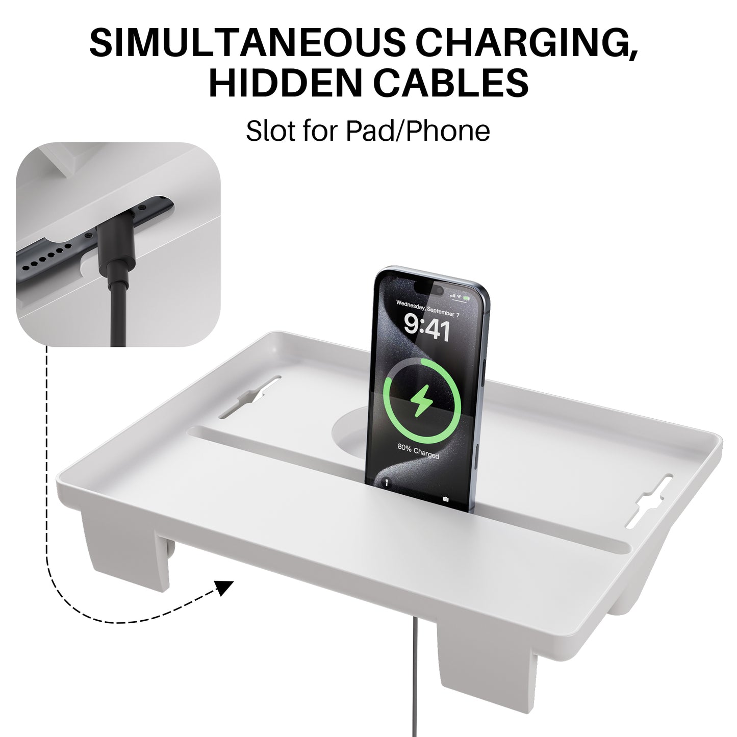 JOYMOOP Clip-On Bedside Shelf for Bunk Beds, Dorm Room Essentials, Bedside Caddy, No-Tool Install Bed Side Table Storage for Loft, Platform Beds, Nightstand Caddy for Phone, Glasses, Book, White