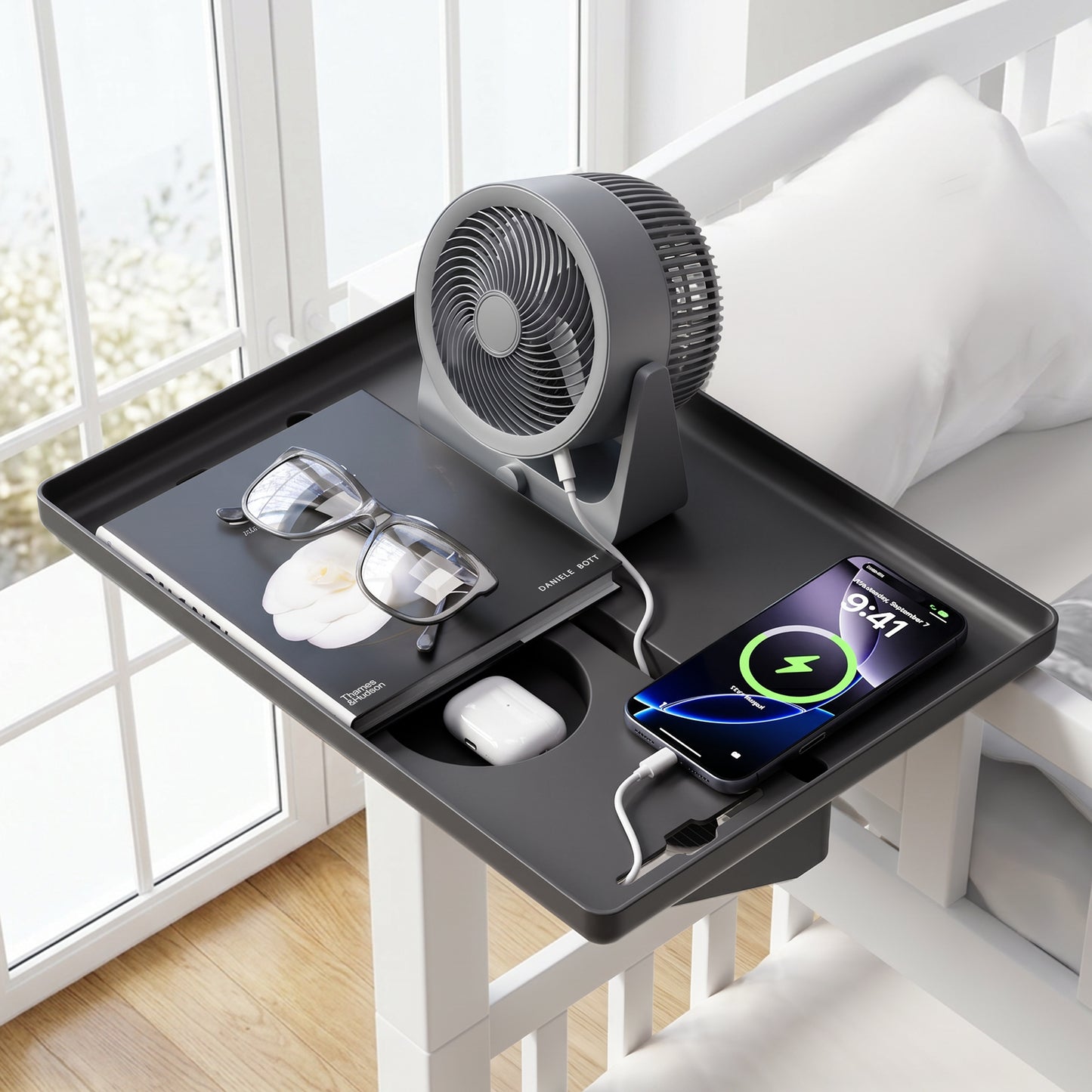 JOYMOOP Clip-On Bedside Shelf for Bunk Beds, Dorm Room Essentials, Bedside Caddy, No-Tool Install Bed Side Table Storage for Loft, Platform Beds, Nightstand Caddy for Phone, Glasses, Book, Black