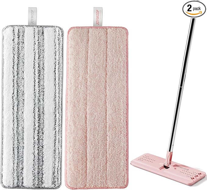 JOYMOOP Microfiber Replacement Pads for 13-Inch Flat Mop and Bucket System, Reusable Refills, Pack of 2, Stripe and Pink