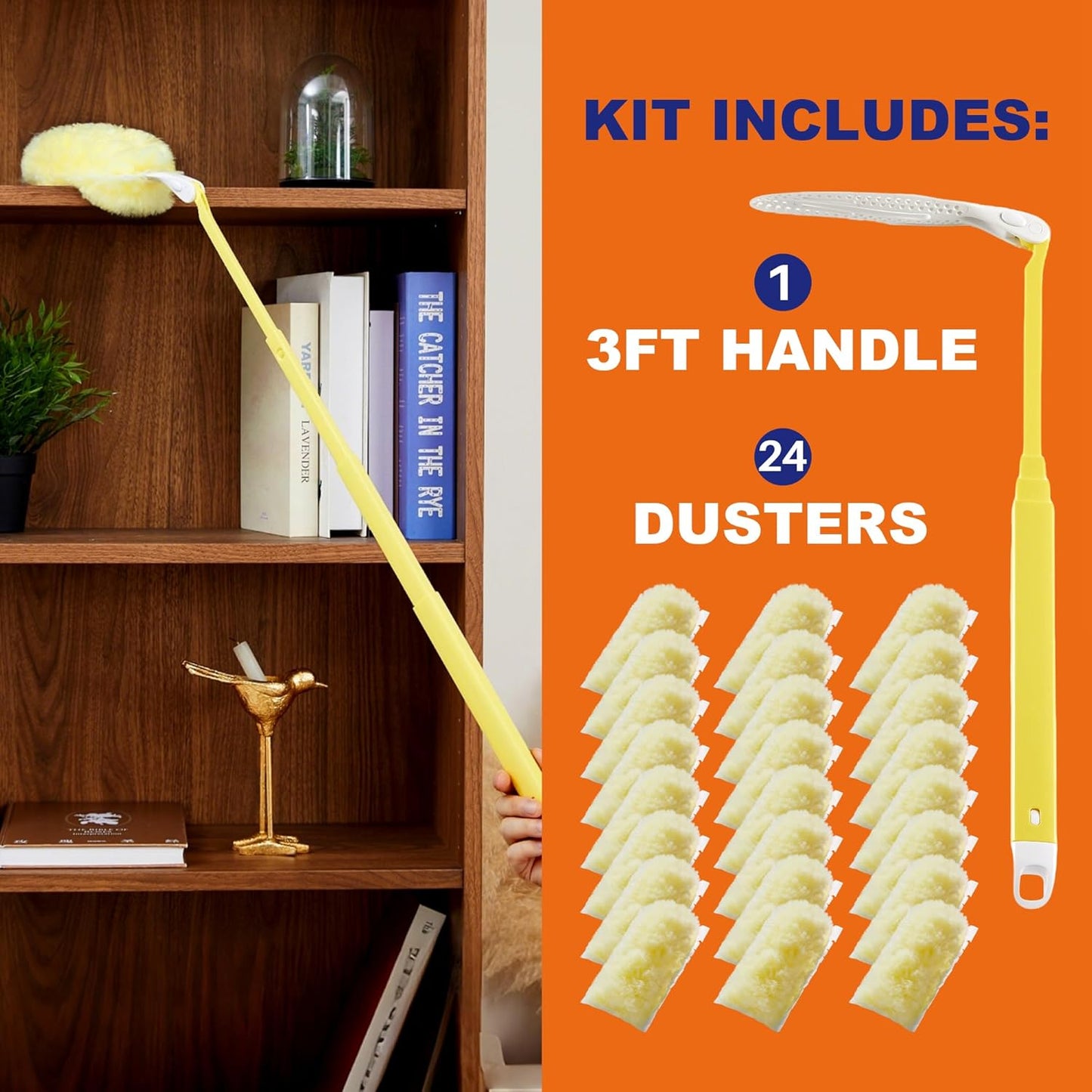 JOYMOOP Scented Telescopic Duster kit, 3FT Extendable Handle (Yellow) + 48 Yellow Refills for Swiffer Feather Duster,Easy Cleaning for Ceilings, Ceiling Fans, Blinds, Vents & Shelves
