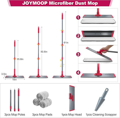 JOYMOOP 18 Inch Microfiber Dust Mop for Hardwood Floors, Heavy Duty Wet Dry Cleaner with Telescopic Handle, Includes 5 Mop Pads, Red-Grey