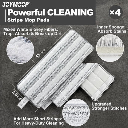 JOYMOOP Flat Mop Replacement Pads, Microfiber Cleaning Refills, Washable Stripe Pads, 13 inch, Pack of 4 for Flat Mop and Mop Bucket System