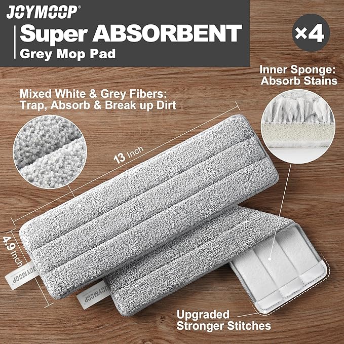 JOYMOOP Microfiber Replacement Pads for 13" Flat Mop System, Reusable Refills, 2-Pack, Grey and Stripe