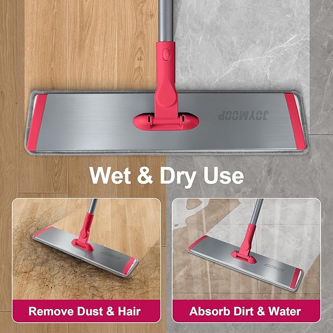 JOYMOOP 18 Inch Microfiber Dust Mop for Hardwood Floors, Heavy Duty Wet Dry Cleaner with Telescopic Handle, Includes 5 Mop Pads, Red-Grey