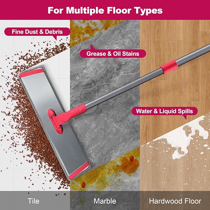 JOYMOOP 18 Inch Microfiber Dust Mop for Hardwood Floors, Heavy Duty Wet Dry Cleaner with Telescopic Handle, Includes 5 Mop Pads, Red-Grey