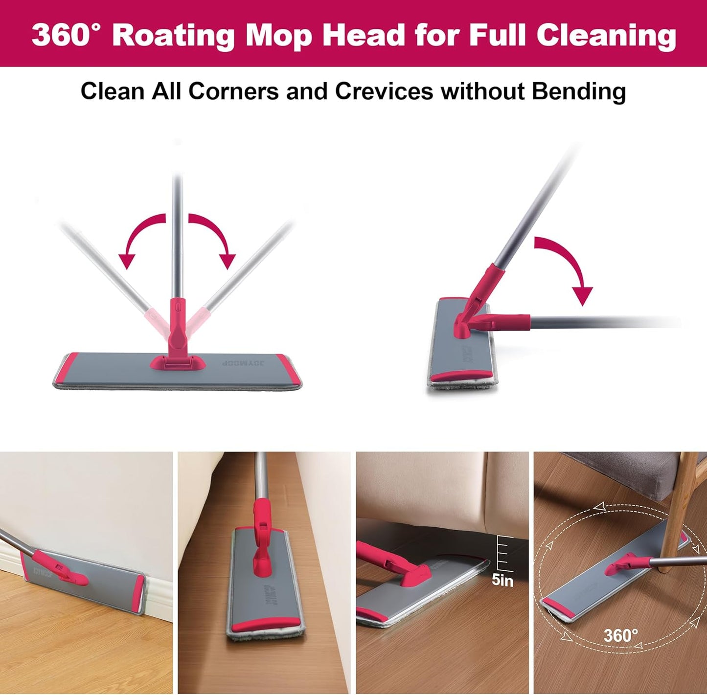 JOYMOOP 18 Inch Microfiber Dust Mop for Hardwood Floors, Heavy Duty Wet Dry Cleaner with Telescopic Handle, Includes 5 Mop Pads, Red-Grey
