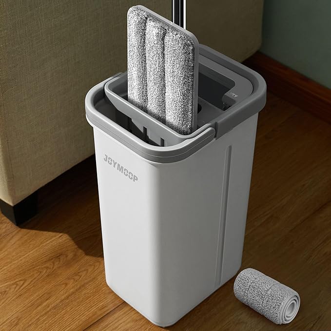 JOYMOOP Easy Clean and Self-Squeezing Microfiber Flat Mop and Bucket System, Mops for Floor Cleaning and Wall Cleaner, Hardwood, Tile, Laminate, Vinyl Floors, Smooth Walls, and Glass Windows