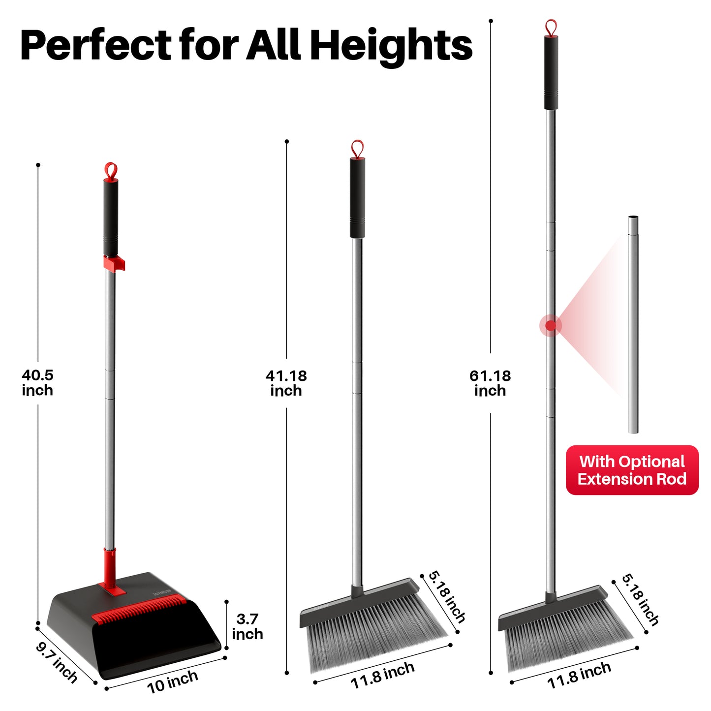 JOYMOOP Black and Red Broom with Dustpan Combo Set, Upright Stand Up Broom with Built-in Comb Teeth, Angle Broom for Home Kitchen Office Lobby, Pet Hair and Hardwood Floor Sweeping