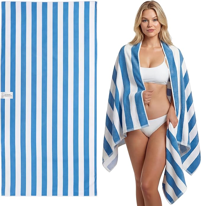 JOYMOOP Large Beach Towel with Storage Bag-3 PCS, 70” x 35.4” Highly Absorbent Cabana Stripe Beach Towel, Quick Dry Beach Towel, Sand Free & Lightweight Towel Set, Blue & White