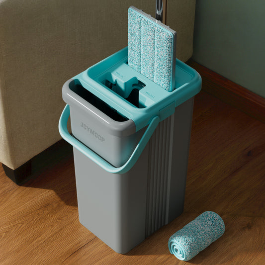 JOYMOOP Mop and Bucket with Wringer Set for Home, Flat Mop and Bucket System, Mops for Floor Cleaning and Wall Cleaner, with 1 Reusable Microfiber Mop Pads（Gray+Blue)）