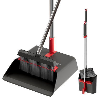 JOYMOOP Black and Red Broom with Dustpan Combo Set, Upright Stand Up Broom with Built-in Comb Teeth, Angle Broom for Home Kitchen Office Lobby, Pet Hair and Hardwood Floor Sweeping