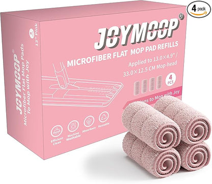 JOYMOOP Microfiber Flat Mop Replacement Pads, Washable Refills for Mop Bucket System, 13 Inch, Pack of 4, Pink