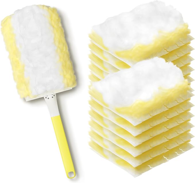 JOYMOOP Heavy Duty Dusters for Cleaning, 1 Yellow White Handle with 12 Ct Yellow Disposable Refills, Static Dusting Tool for Multi-Surface and Pet Hair Removal